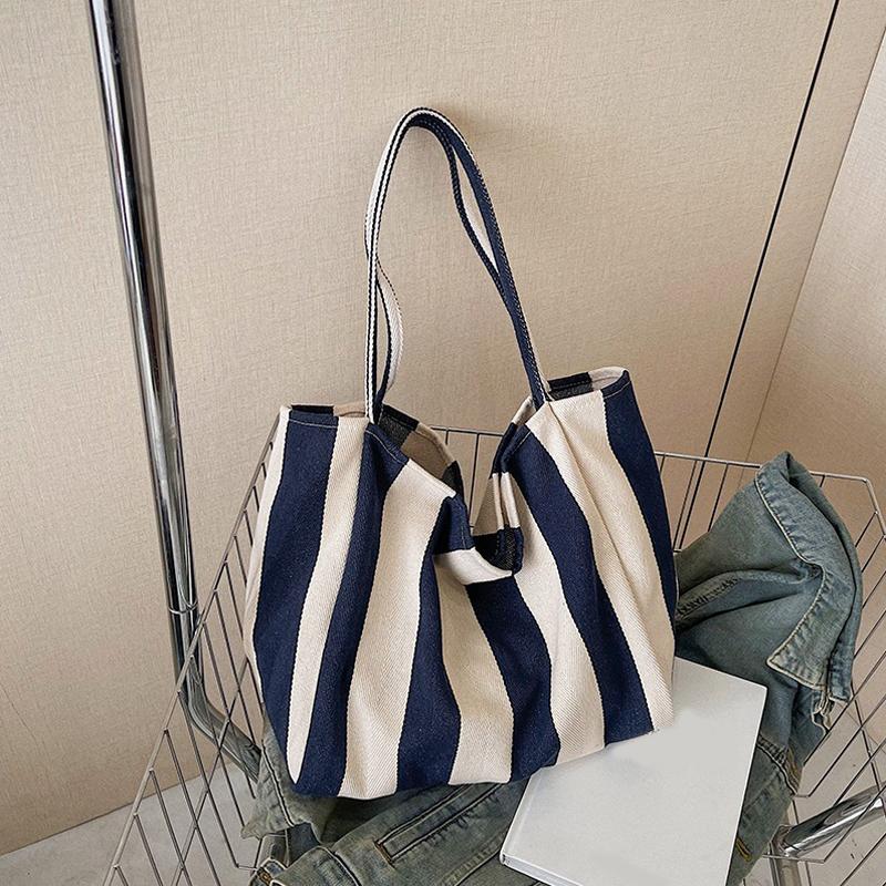 Women Striped Shoulder Bag Simple Carrying Bag Large Capacity Stylish Shoulder Purse Casual Shopping Bag Canvas Commuting Bag