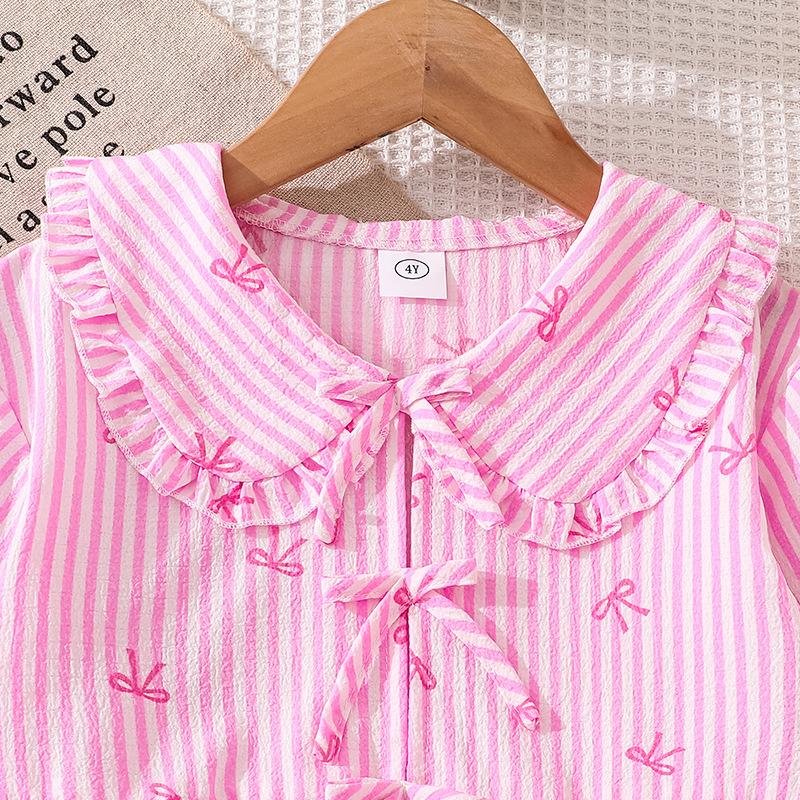 Girls' Fashion Set for Autumn Children's Striped Bow Print Long-sleeved Top and Long Pants