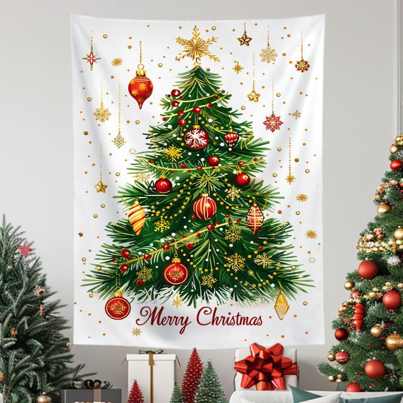 White Hand Drawn Christmas Tree Wall Tapestry Merry Text Red Ornament Ball Gold Star Snowflake Holiday Aesthetic Home