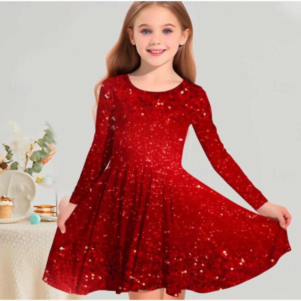 Girl Casual 3D Rainbow Glitter Print Round Neck Long Sleeve Dress Kid Princess Dress