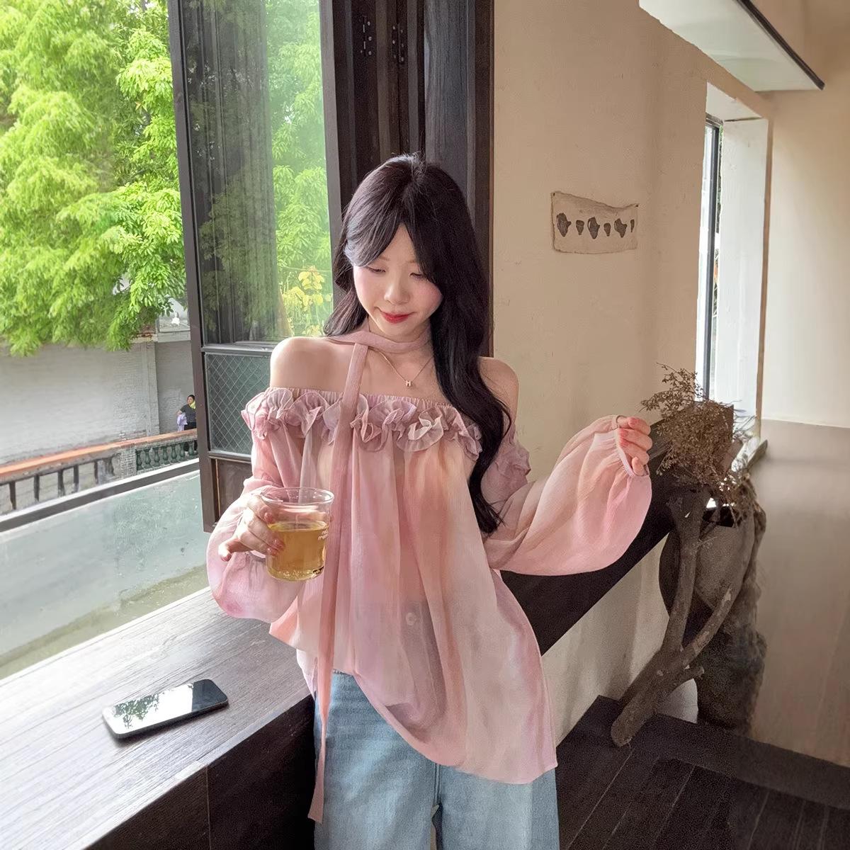 Plus-Size Gradient Lace One-Shoulder Chiffon Blouse XL розовый