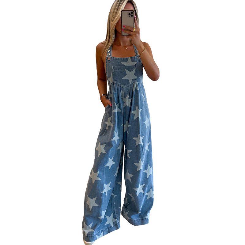 

Summer New Arrival Trendy Denim Brace Jumpsuit Women 2025 Fashion Fashion XINGX Print Wide Leg Jumpsuit Women Light Blue Size M fit (55.00 kg-62.50 kg