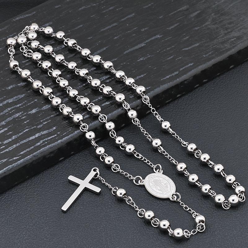 Stainless Steel Cross Rosary Necklace with Virgin Mary Pendant