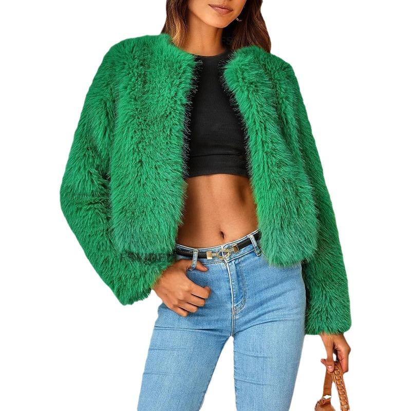 Women's Faux Fur Cropped Jacket Soft Fluffy Open Front Coat Warm Winter Outerwear