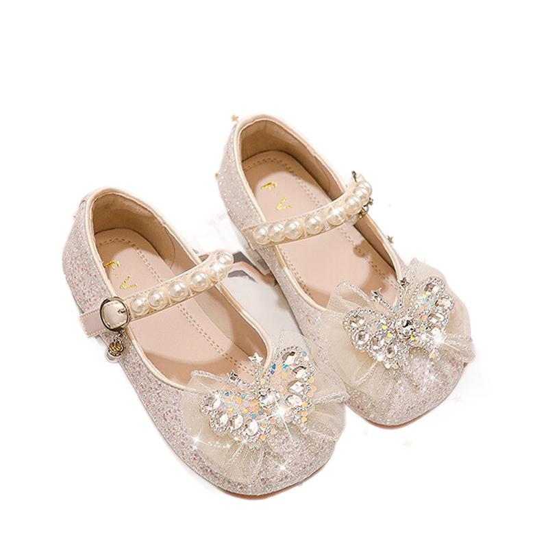 2026 Spring Girls' Princess Leather Shoes with Rhinestone Bow & Soft Sole