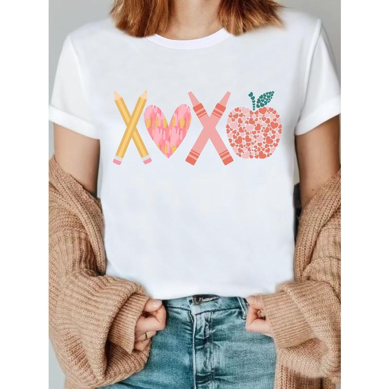 European size XOXO Letter Print T-Shirt for Teacher s Day, Fun Valentine s Day Teacher s Day Gift, Women s Valentine s Day Shirt, Teacher s Day Gift S белый