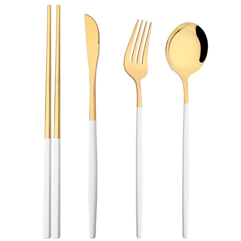 4Pcs Mirror Stainless Steel Tableware Gold Portable Dinnerware Knife Fork Spoon 304 Chopsticks Cutlery Set Western Flatware Set
