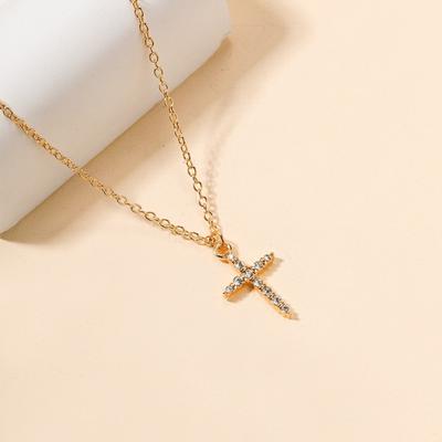 Women Necklace Rhinestone Cross Pendant Hollow Chain Lady Clavicle Necklace Daily Prom Party Commuting Neck Jewelry
