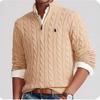 Men's Wool Blend Cable Knit Full Zip Polo Sweater with Stand Collar - Perfect for Autumn and Winter