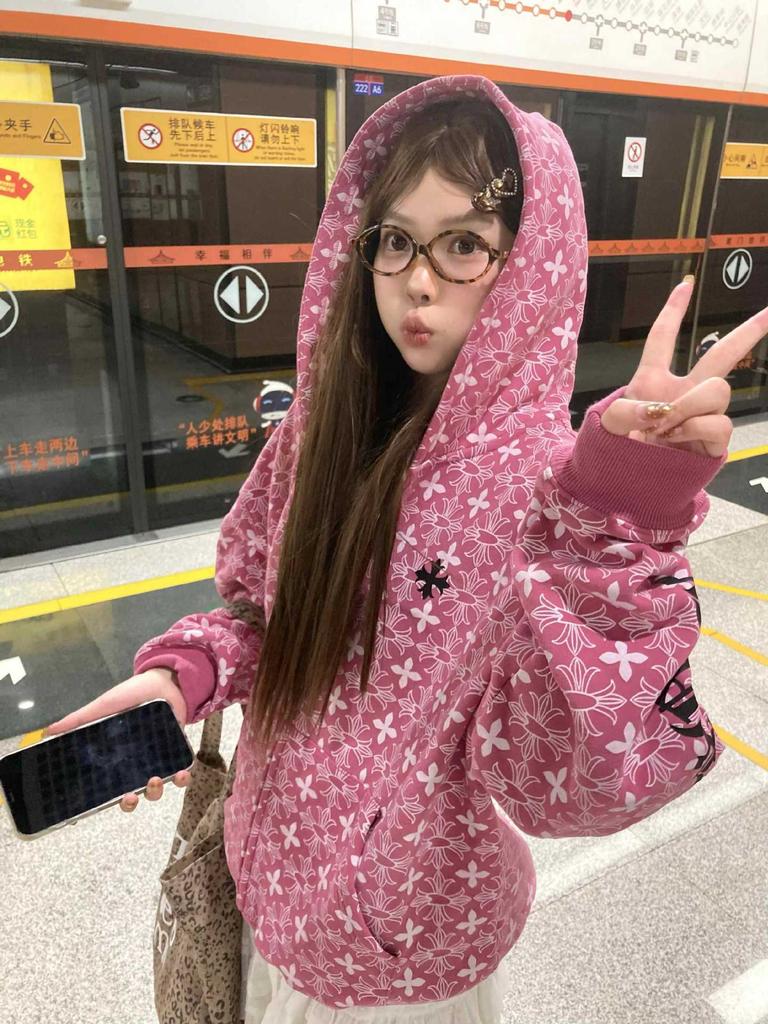 American Retro Gothic Letter Hooded Sweater Jacket Women's 2025 New Design Loose Zipper Cardigan