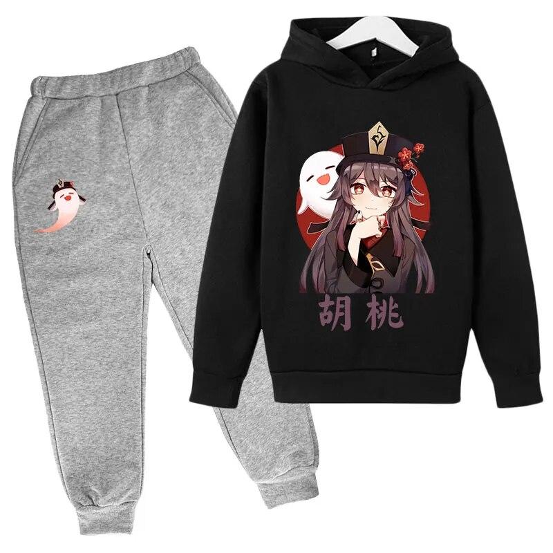 Anime Game Genshin Impact Printed Boys Girls Tracksuit Sets HuTao Pattern Hoodie + Pants 2pcs Sets Fashion Casual Unisex Clothing Children's Set
