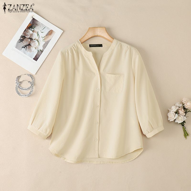 ZANZEA Women Casual V-Neck Solid Color Loose 3/4 Sleeve Blouse