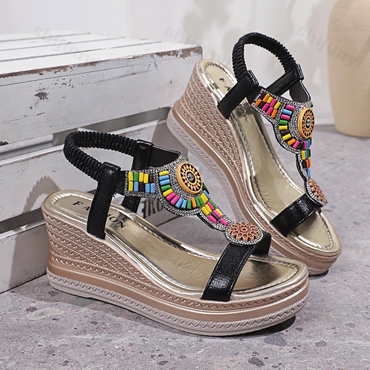 

Мода Лето 2025 Мода Этнический Стиль Удобные Повседневные Сандалии Женские Богемные С Бусинами Открытый Носок Танкетка Пляжные Прохладные Шлепанцы Туфли 35 чёрный