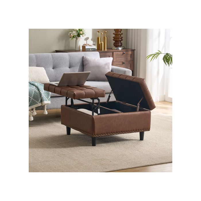 Grande chaise de rangement carrée avec espace de rangement banc relevable pour le salon, la chambre et le bureau (brun PU)