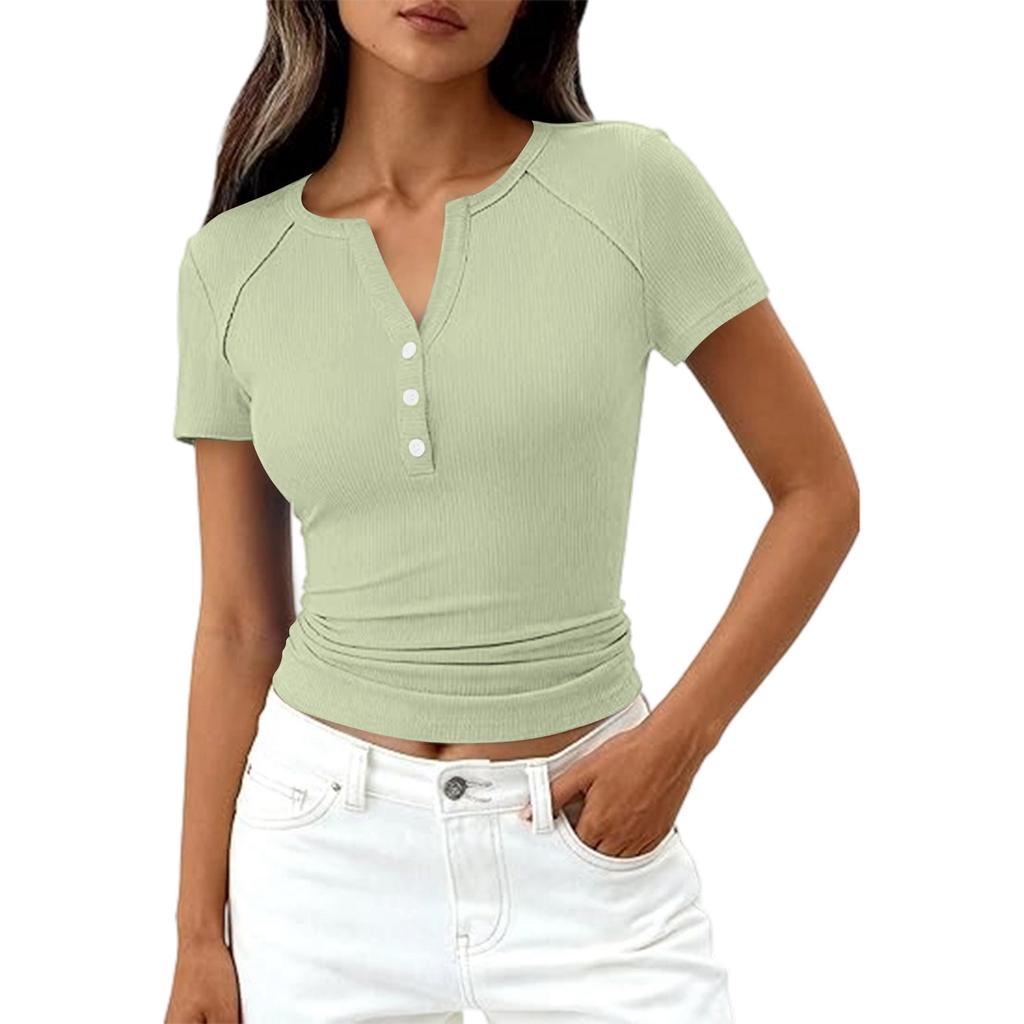 Women's Fashion Casual Color New Short-Sleeved Decorative Button V-Neck T-Shirt Top