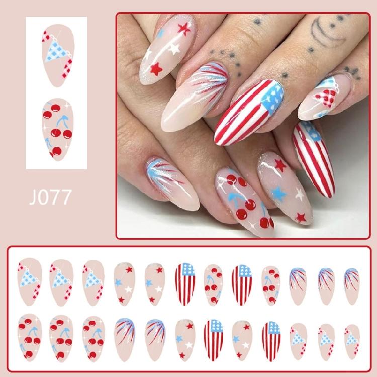 24 Pcs Medium Almond Press On Nail 4th of July False Nail Independence Day Acrylic Nail Flag Day Stick On Nail