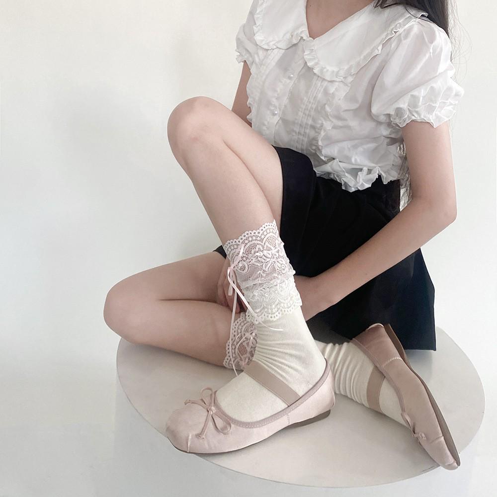 White Long Socks with Blue Ribbon, Bow Lace, and Flower Accents in Lolita Ballet Style