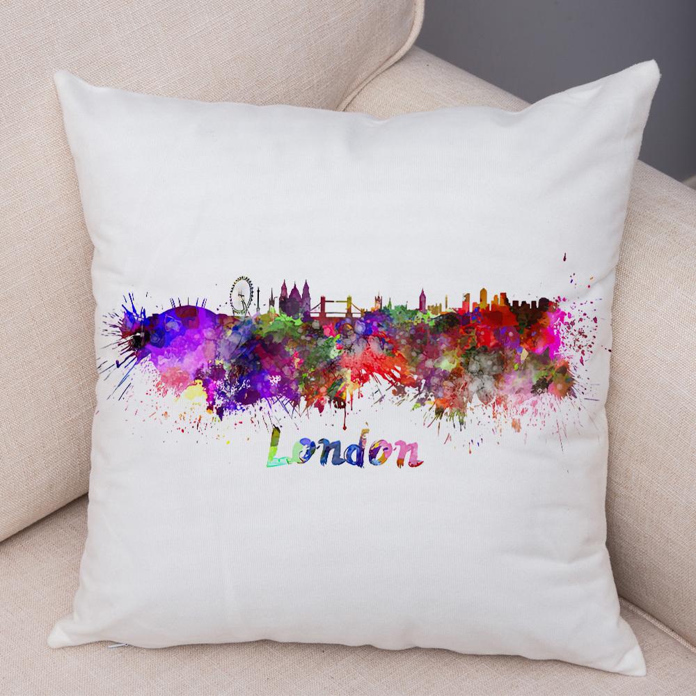 Watercolor City Skyline Cushion Cover Global Landmarks Art Print Soft Linen Living Room Bedroom Home Decor Pillow Case