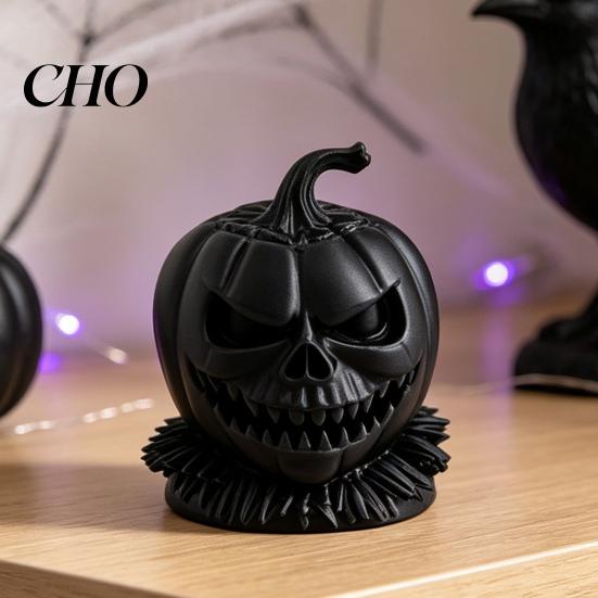Decorative Solid Plastic Figures 3D Printed Evil Pumpkin Head Figurine with Ruffled Collar, Gothic Dark Style Character Jack O Lantern Statue
