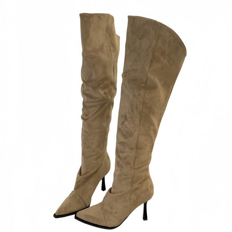 High-heeled French pointed but knee boots women's boots autumn and winter 2025 new suede sleeve pleated pile boots