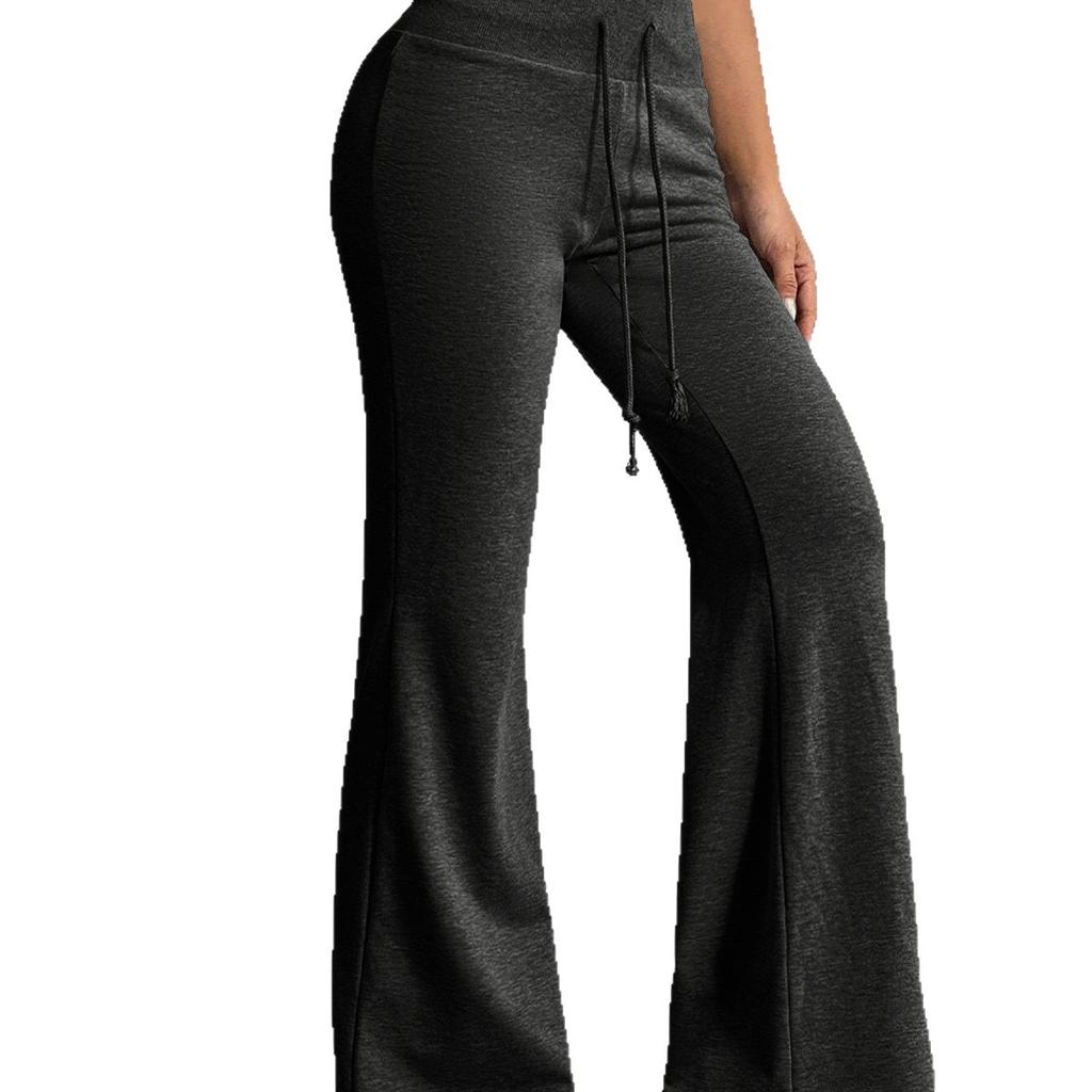 Women's High Waist Drawstring Flare Pants Solid Gray Casual Loose Fit Trousers