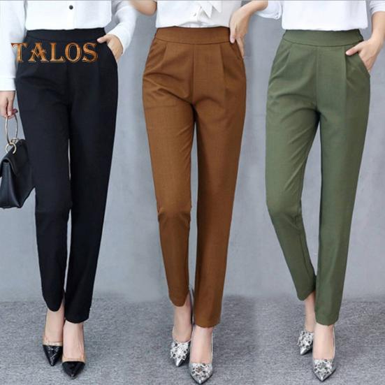 Dámské kalhoty elastické s vysokým pasem jednobarevné kalhoty slim střihu s kapsami ležérní styl dojíždění kancelářské dámské kalhoty