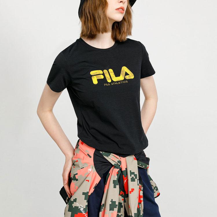 FILA Logo Print Pullover Round Neck Short Sleeve T-Shirt Women Tops Black A11W021103GBK