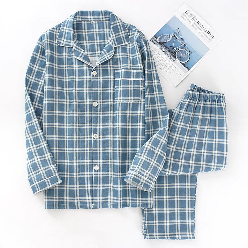 Spring and Autumn Mens Pajamas Long-sleeved Trousers Cotton Double Gauze Lattice Large Size Suit Home Service Men's Pajamas Suit