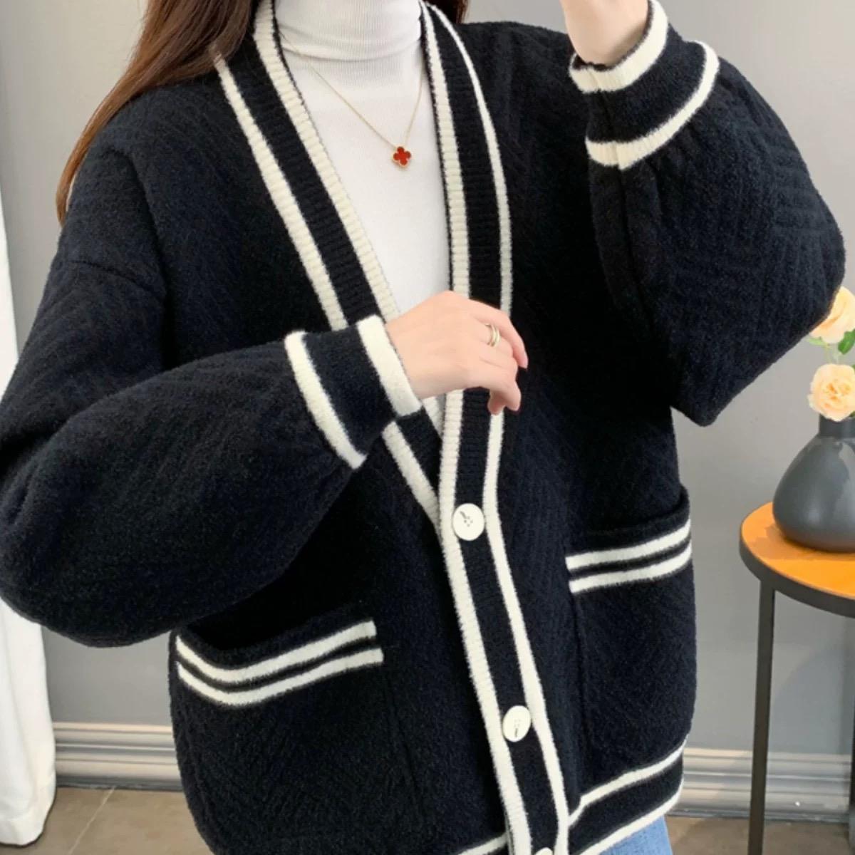 

Шерстяная трикотажная куртка женская с V-образным вырезом осень-зима корейская версия свободный модный универсальный кардиган one size fits all чёрный