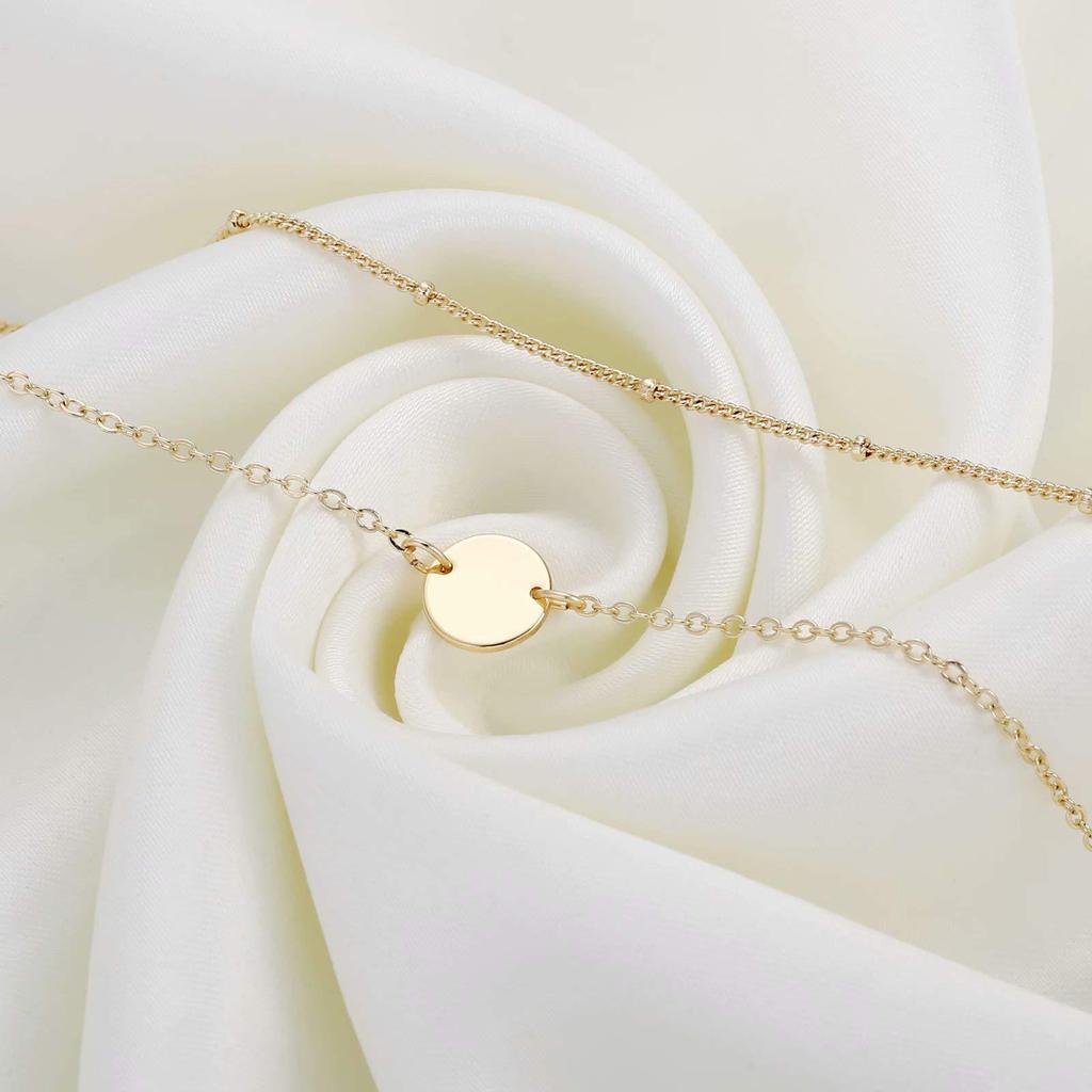 Stainless Steel Bead Chain Bracelet Set with 18K Gold Double Layer, Featuring Double Hole Round Disc Charms.