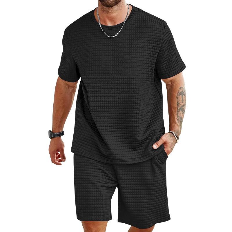New Men's Sports and Leisure Suit Solid Color Crew Neck Shirt Shorts Piece Set Fashion Men's Summer Suit