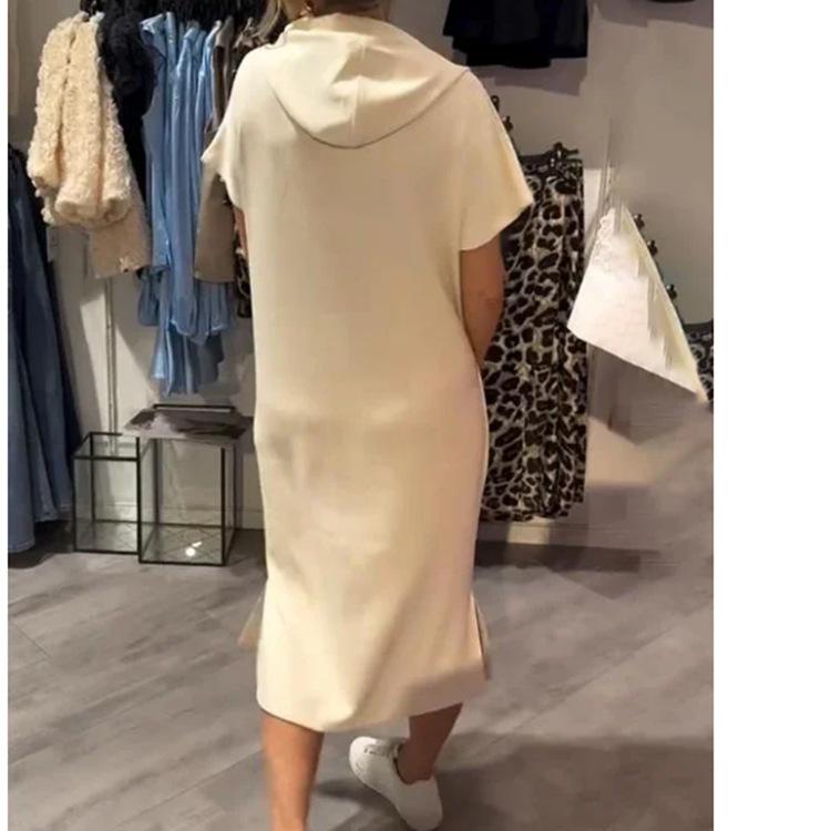 Summer New European and American Casual Solid Color Short-sleeved Pocket Hooded Dress Women's Clothing
