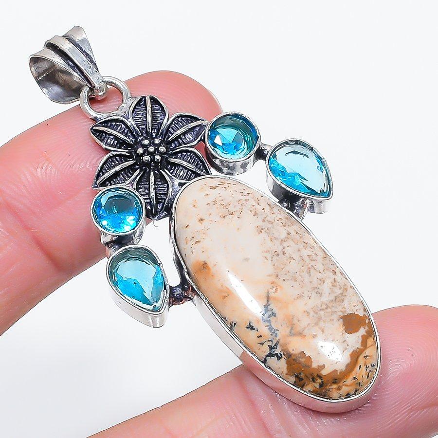 Natural Picture Jasper, Topaz 925 Sterling Silver Jewelry Pendant 2.40" Z4k61