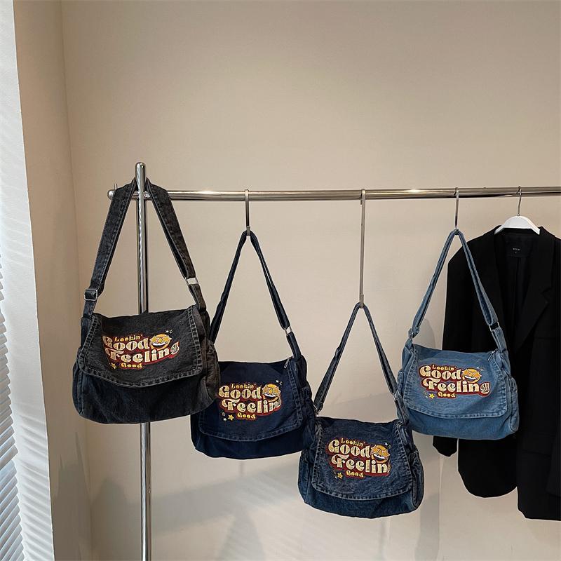 Large Capacity Denim Bag Student Class Crossbody Bag Letter Embroidery Women Commuter Tote Bag
