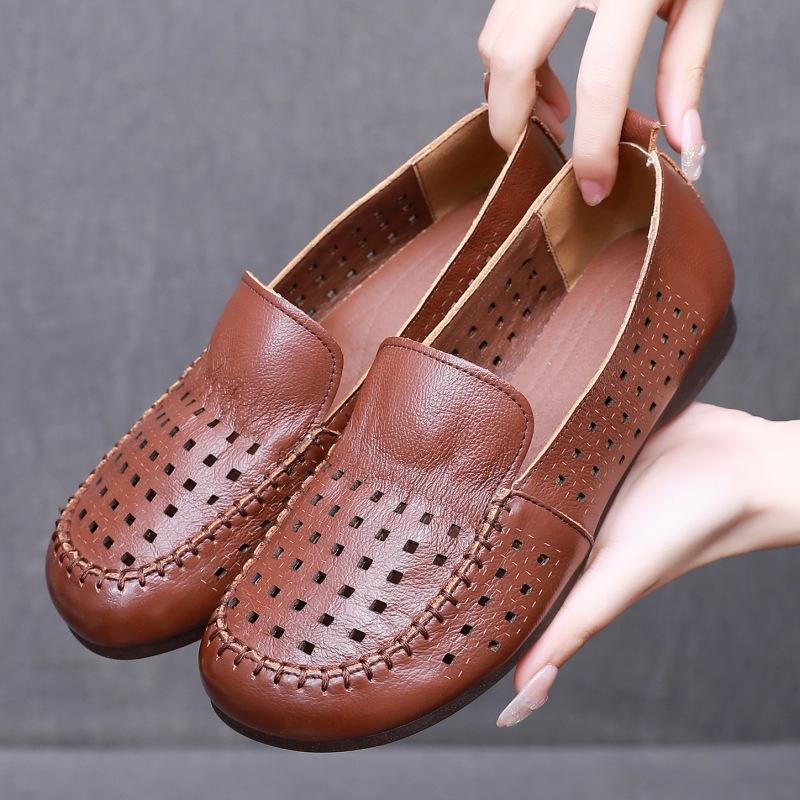 GKTINOO Summer Hollow Genuine Leather Shoes New Women Shoes Woman For Mom Women's Flats Comfortable Handmade Loafers