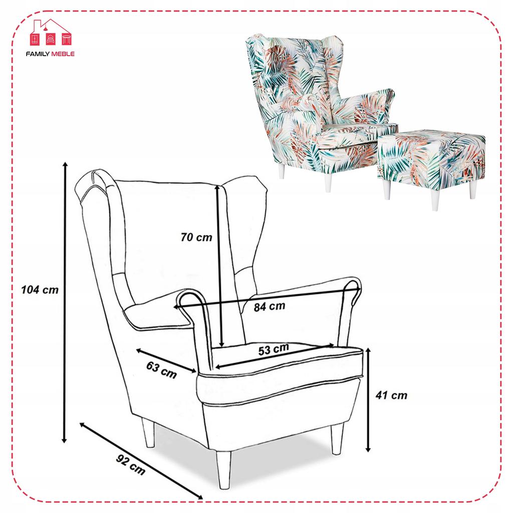 Křeslo ušák ARI PRINT s podnožkou, skandinávský Family Meble listy