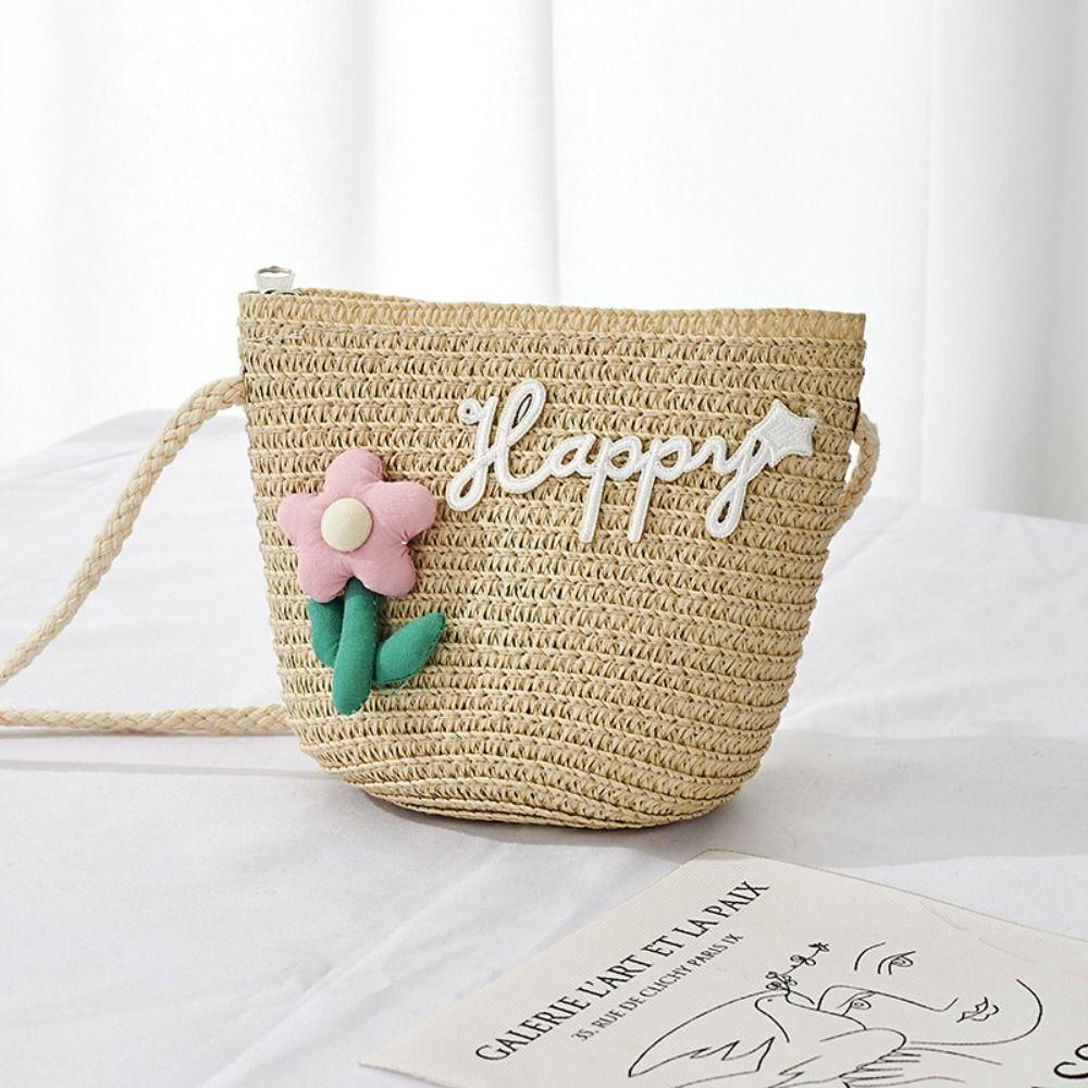 Flower Crossbody Bag Straw Mini Coin Purse Durable Straw Shoulder Bags  Kids Girls