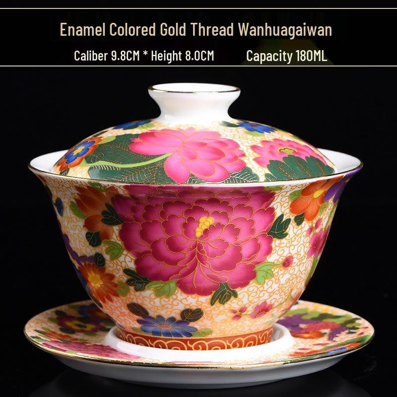 Enamel Court Style Engraved Gaiwan - Hand-Painted Ceramic Tea Cup Set
