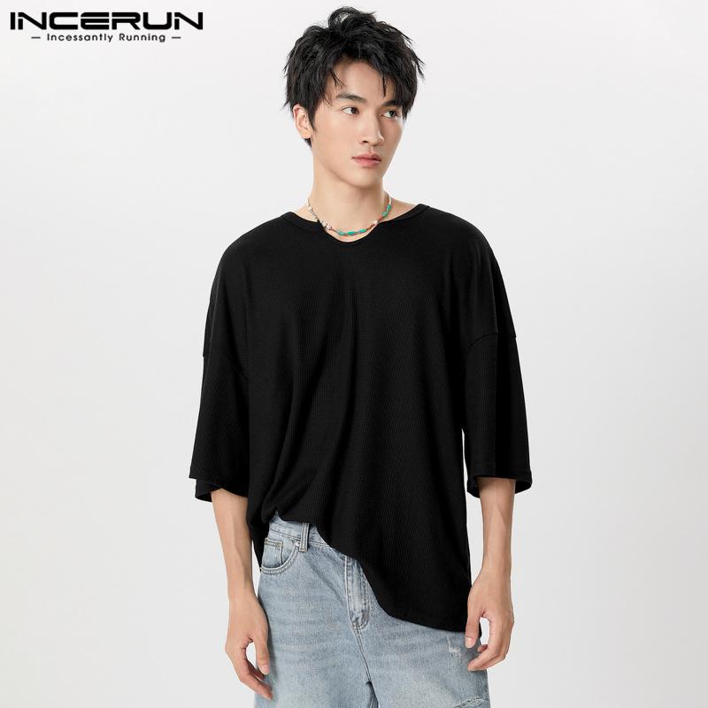 

INCERUN Мужские трикотажные свободные футболки с коротким рукавом Повседневные летние топы 2XL чёрный