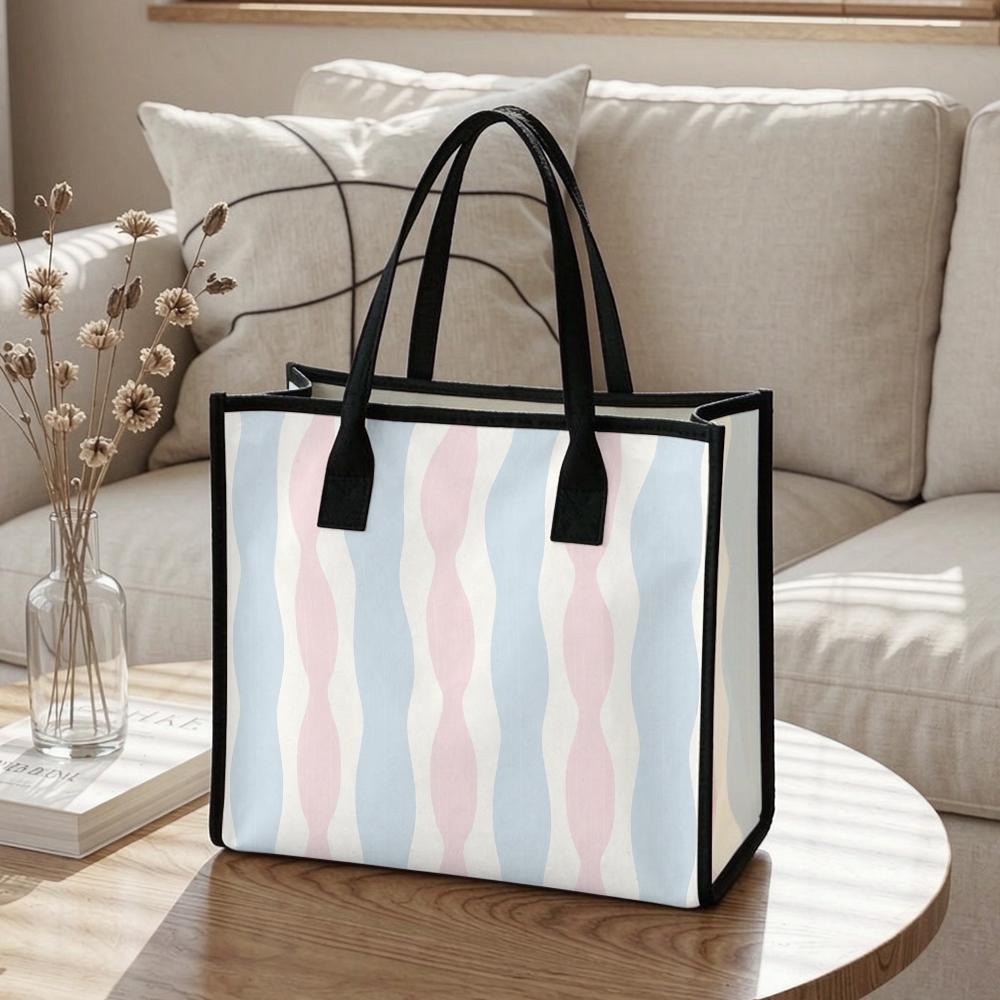 Striped Canvas Tote Bag Casual Large Capacity Daily Shoulder Handbag for Women