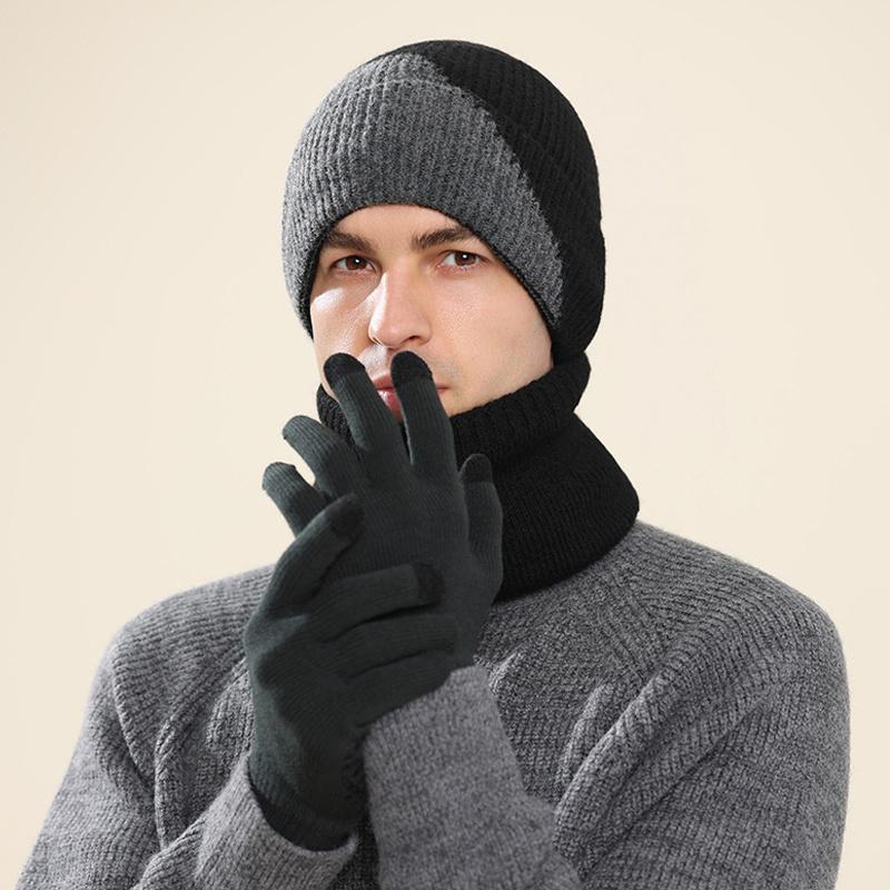 Winter Wool Hat Men Color-Matching Cashmere Knitted Hat Gloves Neck Set Three-Piece Thick Cold-Proof Cap