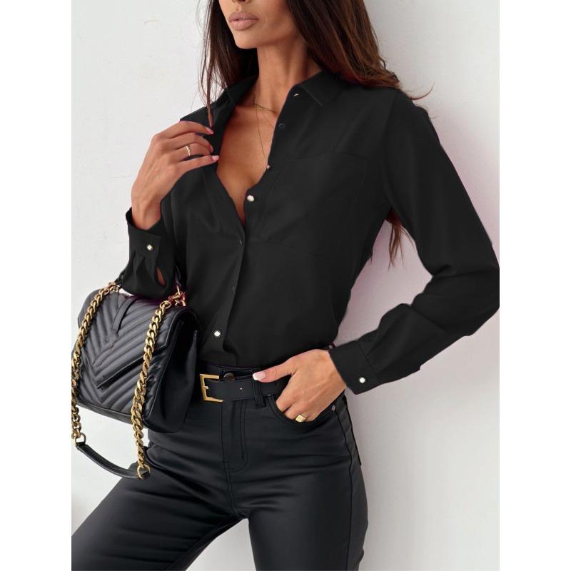 

BITCED Women s Fashion Casual Solid Color Print Long Sleeve POLO Neck Blouses & Shirts International design S чёрный