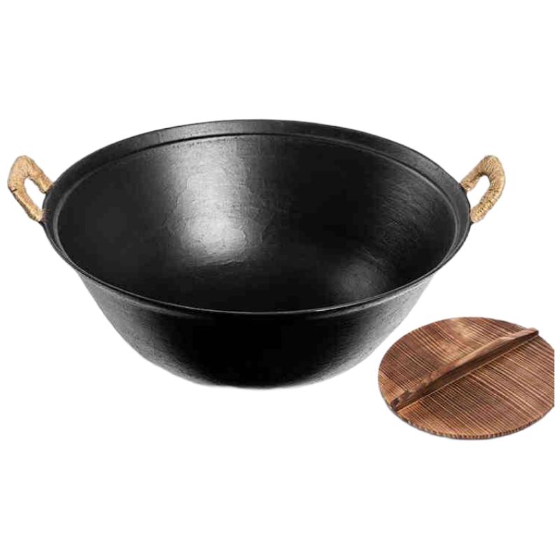 

HDST Traditional Cast Iron Wok with Wooden Lid - 46cm Round Bottom