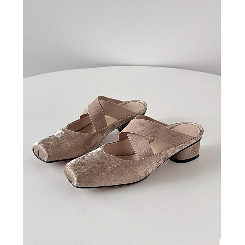 French bag head half slippers women's 2025 new summer square head ballet cross strap medium heel thick heel outer sandals