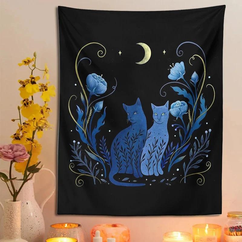 Moonlit Blue Cat Pair Tapestry Flat Print Floral Wall Hanging Witchy Aesthetic Decor for Bedroom  Dorm Perfect Gift for Cat