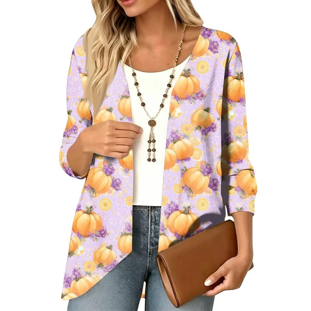 Women's Halloween Print 3/4 Sleeve Lightweight Loose Fit Cardigan for Casual Wear