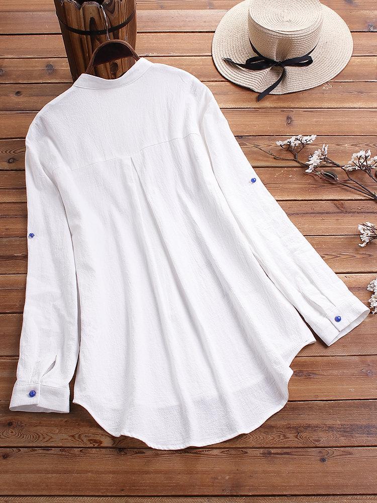 2024 Spring/Summer Women's Cotton Linen Print Shirt with Stand Collar and Colored Buttons