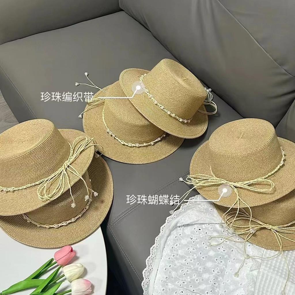 Small Pearl Woven Bow Flat Top Hat Women's Summer Sun Protection Straw Hat Small Brim Basin Hat Sunshade Travel Top Hat
