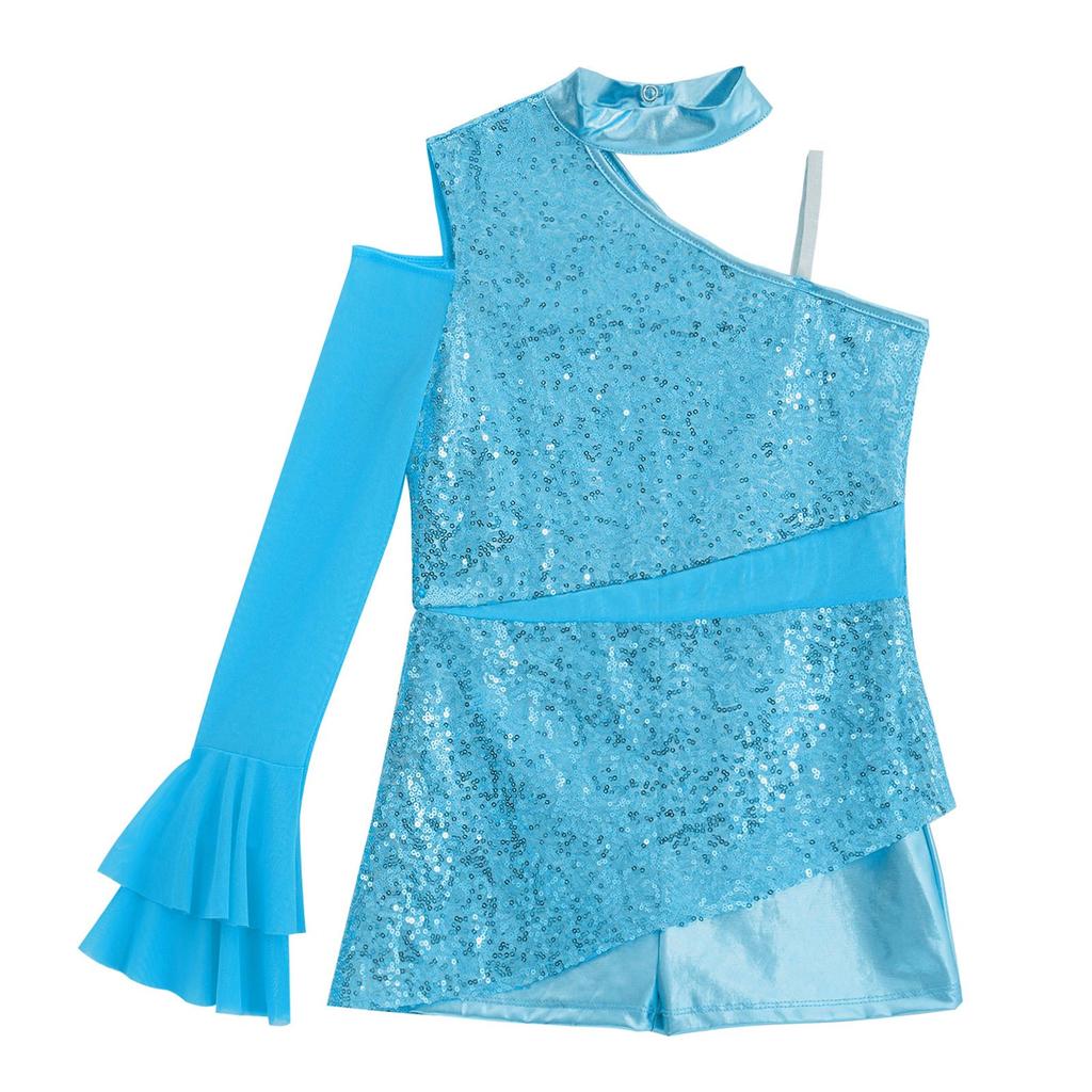 Dívčí peplum leotard taneční kostým asymetrický design s odhaleným ramenem a průsvitnými síťovanými volánovými rukávy body