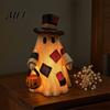 Rustic Fall Home Decor Lighted Patchwork Ghost Resin Figurine with Pumpkin Lantern, Farmhouse Style Halloween Thanksgiving Table Decorations Tabletop